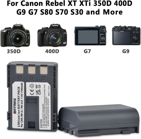 Batmax 2Pcs NB-2L NB-2LH Battery + Built-in USB LED Charger for Canon PowerShot G7 G9 S80 S70 S60 S50 S45 S40 S30, Canon DC410 DC420 EOS 350D 400D...