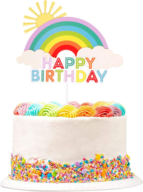 1Pc Colorful Rainbow Cake Topper/Cake Flags/Cake Picks - Include Cute Cloud/Sun Kids Child Happy Birthday Baby Shower Party Baking Decoration Supp...
