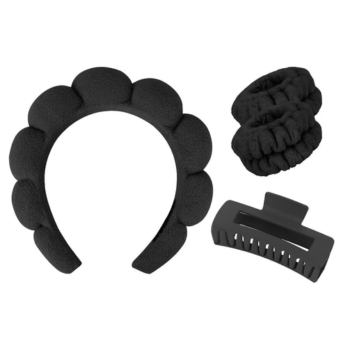 Wecoe Spa Headband And Wristband Set Skincare Headband For Washing Face Hair Claw Clips For Thick Hair Cute Black Puffy Sponge Makeup Headband Bub...