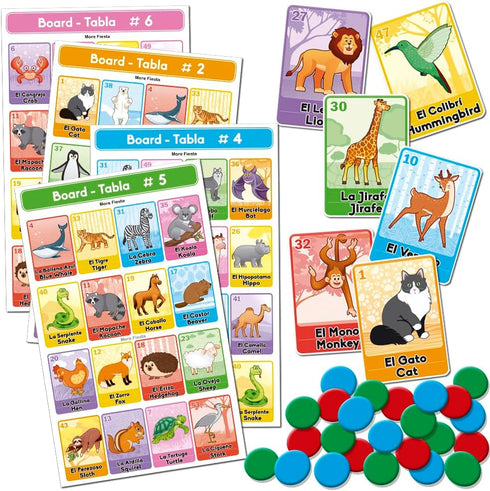 Bilingual Tablas Game in English and Spanish, Mexican Bingo for 10 Players - 10 Boards, Full Deck of Cards and Chips, Theme Animals...