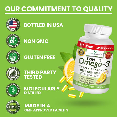 Best Triple Strength Omega 3 Fish Oil Pills - 180 Capsules - 2400mg High Potency Burpless Lemon Flavor 864mg EPA 576mg DHA Ultra Pure Liquid Softg...