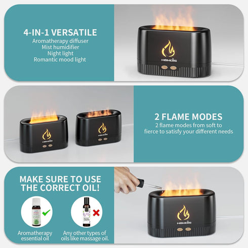 Essential Oil Diffusers, Quiet Flame Diffuser, 7 Colors Modes Changed Light Flame Humidifer, Auto Shut Off Aromatherapy Diffuser, Black...