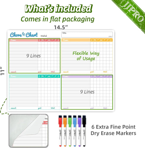 JJPRO Non-Magnetic Dry Erase Chore Chart Whiteboard for Fridge-Chore Chart for Multiple Kids- Clings to All Smooth Surfaces(e.g. Stainless Steel F...