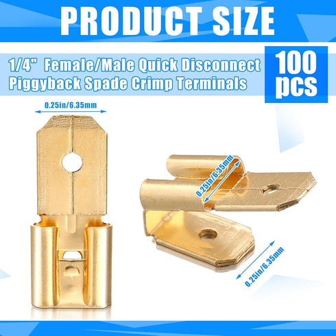 100 Pcs Piggyback Spade Connectors, 3 Way Adapter Dual Male to Single Female Brass Quick Disconnect Connectors Piggyback Terminals Crimp Terminals...