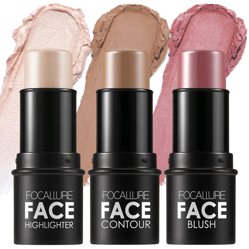 FOCALLURE 3 Pcs Cream Contour Sticks,Shades with Highlighter & Bronzer & Blush,Non-greasy Long-wear Face Contouring Pen,Easy to Sculpt the Face an...