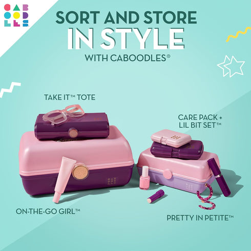 Caboodles Pretty in Petite Makeup Box, Two-Tone Seafoam on Lavender, Hard Plastic Organizer Box, 2 Swivel Trays, Fashion Mirror, Secure Latch for ...