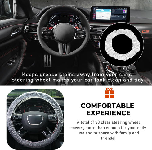 50 PCS Disposable Steering Wheel Cover, Transparent Plastic Steering Wheel Protector with Elastic Band, Universal Clear Steering Wheel Cover, Inte...