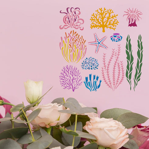 FINGERINSPIRE Seaweed Stencil 11.8x11.8 inch Seagrass Stencil Coral Drawing Stencil Sea Plant Stencil Sea Creatures Stencil Ocean Theme Stencil fo...