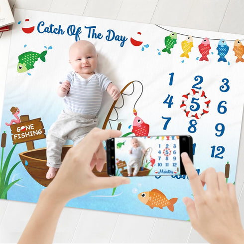 Gone Fishing Baby Monthly Milestone Blanket Little Fisherman Bobber Photo Prop Ideas for Newborn Boy & Girl Nursery Décor (40" X 50")...