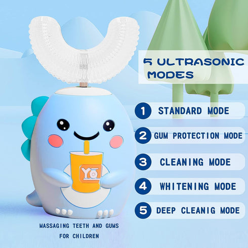 Kids U Shaped Electric Toothbrush with 4 Brush Heads, Sonic Toothbrush Kids with 5 Modes, Cartoon Dinosaur 360-Degree Cleaning IPX7 Waterproof Des...