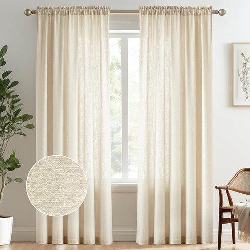 Melodieux Beige Semi Sheer Curtains 84 Inches Long for Living Room, Bedroom Linen Look Farmhouse Rod Pocket Shiny Sheer Curtain Drapes Light Filte...