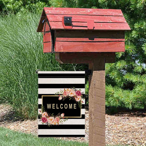 Personalized Floral Garden Flag,Welcome Flag,Welcome Friends,Farmhouse Decor,Yard Decor,Outdoor Decor,Black and White Stripes Garden Flag 12.5 X 1...