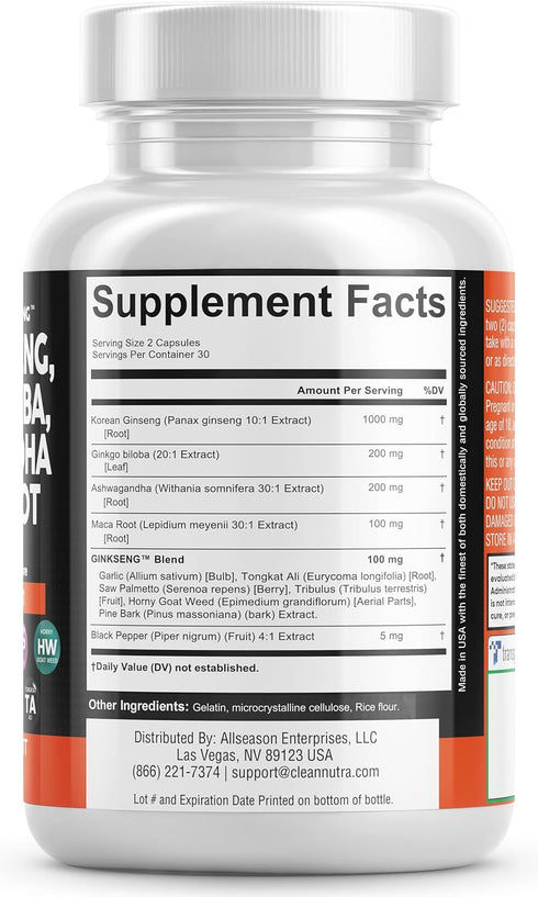 Clean Nutraceuticals Panax Ginseng 10000mg Ginkgo Biloba 4000mg Ashwagandha Maca Root 3000mg - Focus Supplement Pills for Women and Men with Pine ...