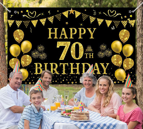Trgowaul 70th Birthday Backdrop Gold and Black 5.9 X 3.6 Fts Happy Birthday Party Decorations Banner for Women Men Photography Supplies Background...