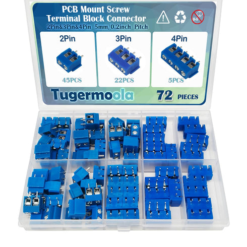 72PCS 5mm/0.2inch Pitch PCB Mount Screw Terminal Block Connector 2Pin 3Pin 4Pin Circuit Board Connectors PCB Wiring Terminals Blue...