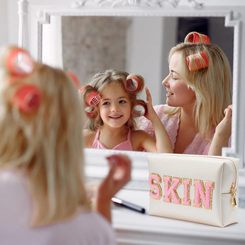 Y1tvei Preppy Patch SKIN Varsity Letter Cosmetic Toiletry Bag PU Leather Portable Makeup Bag Zipper Pouch Storage Purse Waterproof Organizer Gift ...