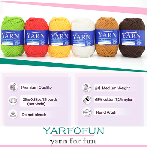 6 Pack Beginners Crochet Yarn Brown Green Red White Cotton Crochet Yarn for Crocheting Knitting Beginners with Easy-to-See Stitches Mini Crochet Y...