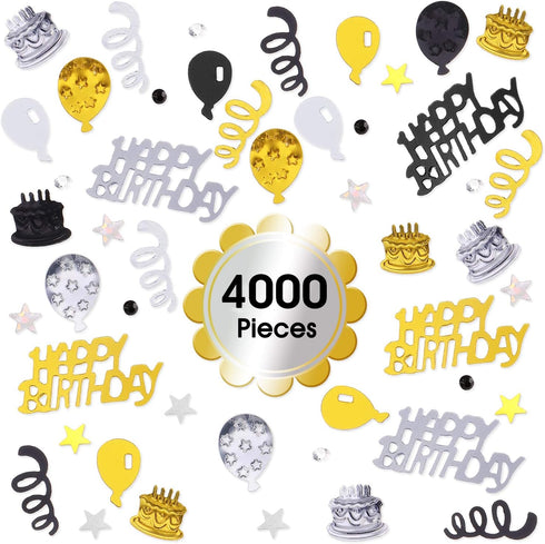 WILLBOND 4000 Pcs Black Gold Silver Birthday Confetti Party Decoration Happy Birthday Cake Balloon Metallic Foil Table Scatter Confetti for Birthd...