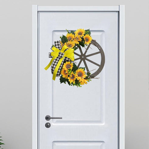 Sunflower Wagon Wheel Wreath for Front Door, Wooden Wheel Wreath with Sunflower and Bow, Spring Wheel Wreath, Wall Home Porch Farmhouse Decor Outd...