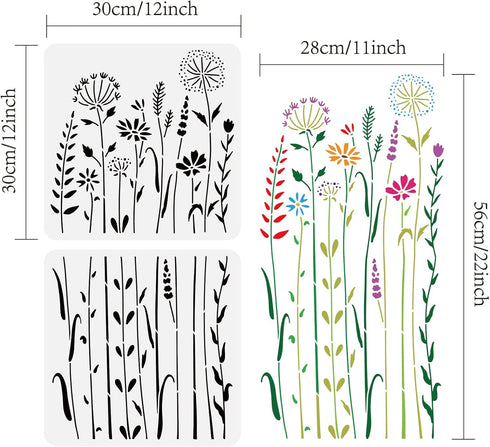 BENECREAT 2Pcs Wildflower Stencils, 12x12inch Tall Flower Weeds Tree Plants PET Painting Templates Drawing Stencils for Scrapbooking, Floor Furnit...