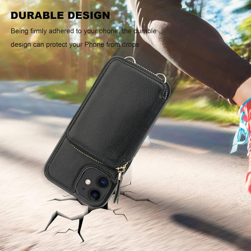 Bocasal RFID Blocking Wallet Case for iPhone 12/12 Pro, Adjustable Crossbody Zipper Purse Case Card Holder with Kickstand Detachable Wrist Strap, ...