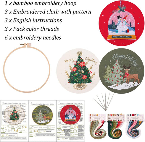 MeruniSkyBirds 3 Sets Embroidery Starter Kit with Christmas Pattern,Cross Stitch Set for Beginners, Full Range of Stamped Embroidery Kits with 3 E...