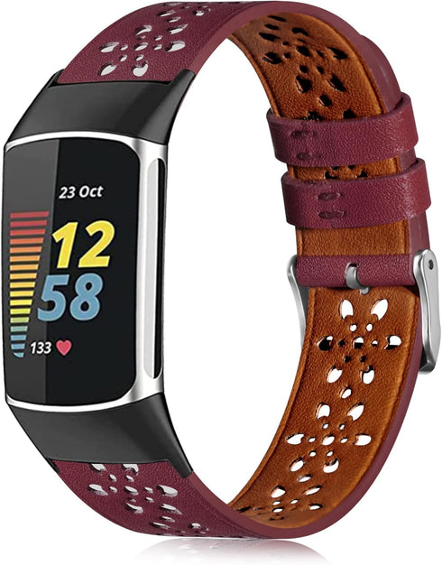 Leather Bands for Fitbit Charge 6 bands/Charge 5 bands for Women Men,Floral Breathable Hollow Replacement Wristbands Band for Fitbit Charge 5/Char...