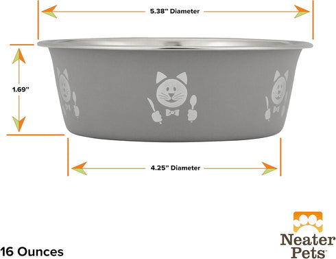 Neater Pets Hungry Bowls - Pet Food or Water Bowl, Grey with Stainless Steel Interior (Cat - 16 Oz.)...