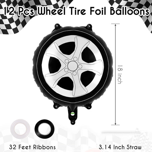 12 Pcs Wheel Tire Balloons,18 Inch Race Car Wheel Balloons Race Car Party Decorations Car Foil Balloons for Birthday Party Race Car Theme Party Su...