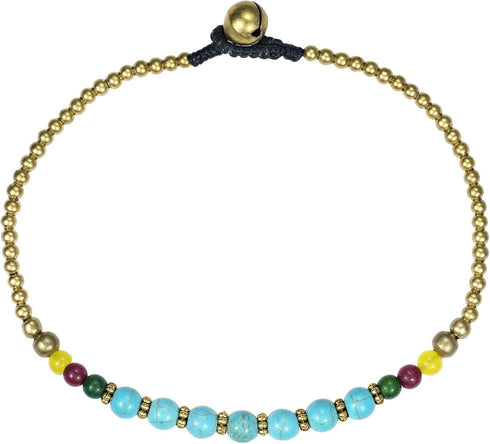 AeraVida Tribal Round Simulated Blue Turquoise Brass Beads Link Charm Anklet...