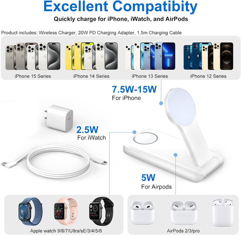 3 in 1 Wireless Charging Station for Apple, Magnetic Foldable Charger for Magsafe, Fast Charging Portable Charger Stand for iPhone 15/14/13/12/Pro...
