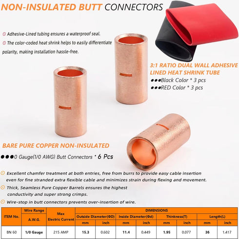 0 Gauge Butt Connector 6 PCS 0 AWG Non-Insulated Butt Splice Connectors 1/0 Gauge Butt Splice Uninsulated Crimp butt Connectors 60mm² Bare Pure Co...
