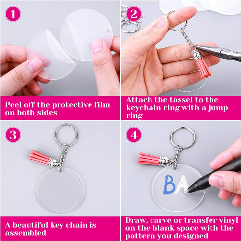 Audab 120pcs Acrylic Keychain Blanks for Vinyl Kit Including 30pcs Clear Acrylic Blanks, 30pcs Keychain Tassels, 30pcs Key Rings and 30pcs Jump Ri...