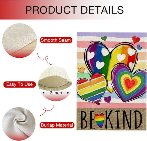 Be Kind Rainbow Love Heart Garden Flag Double Sided, LGBTQ Gay Lesbian Decorative Yard Outdoor Home Pride Month Small Decor, LGBT Bisexual Pansexu...
