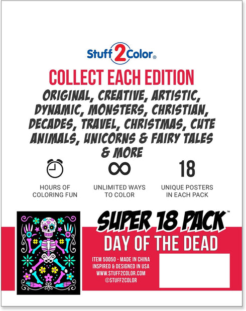 Super Pack of 18 Fuzzy Velvet Coloring Posters (Kids Themed - Day of the Dead) - Halloween and Dia de Los Muertos Coloring Crafts Activity for Tod...
