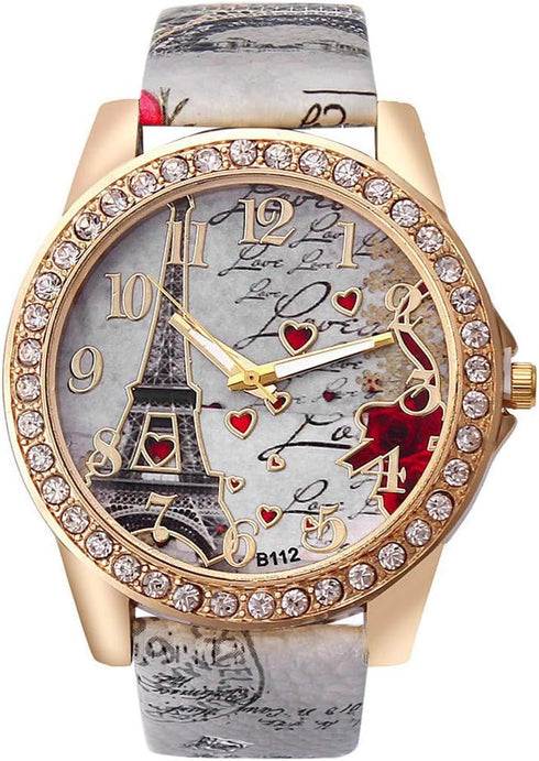CdyBox Wholesale PU Leather Strap Watch Mother Day Gift Bling Rhinestone Accented Eiffel Tower Ladies Women Watches...