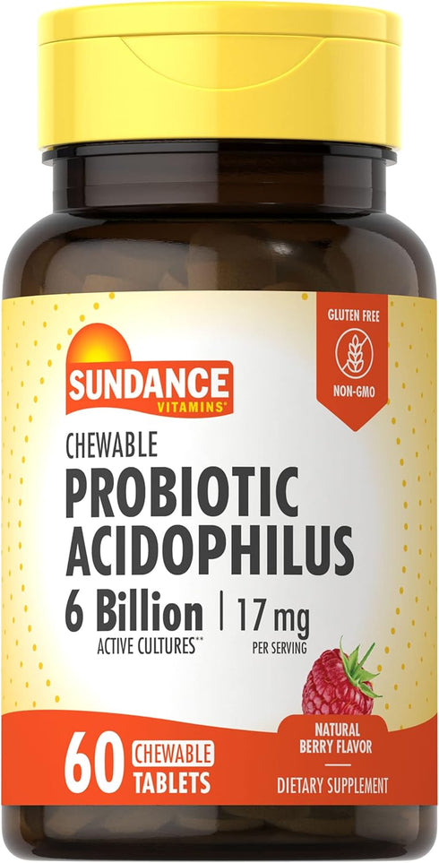 Sundance Probiotic Aciophilus 17mg | 6 Billion Active Cultures | 60 Chewable Tablets | Berry Flavor | Vegetarian, Non-GMO, and Gluten Free Supplem...