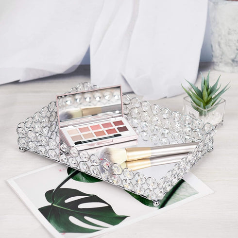 Feyarl Crystal Vanity Makeup Perfume Tray Ornate Jewelry Trinket Organizer Cosmetic Decorative Tray Skin Care Storage for Home Dressing Table Wedd...