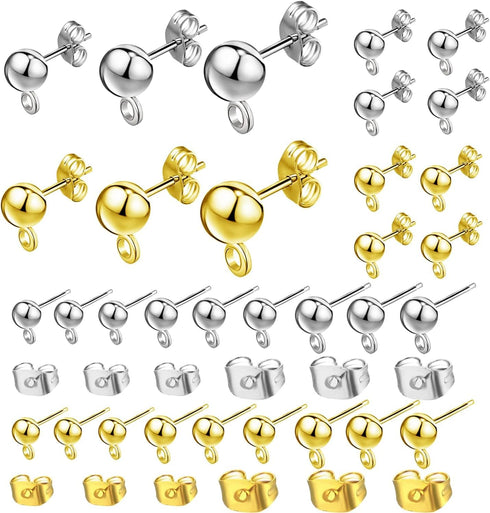 240 Pcs Ball Post Earring Studs with 3 Size Round Ball Earring Posts and 2 Size Butterfly Earring Backs, for Jewelry DIY Earring Making...