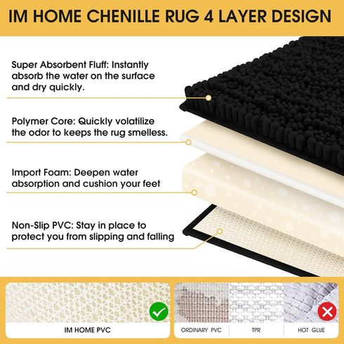 Upgrade Luxury Black Bathroom Rug Mat 17"x47.5", Ultra Soft Thick Absorbent Bath Mats, Non Slip Chenille Toilet Mat for Bathroom, Bedroom, Kitchen...
