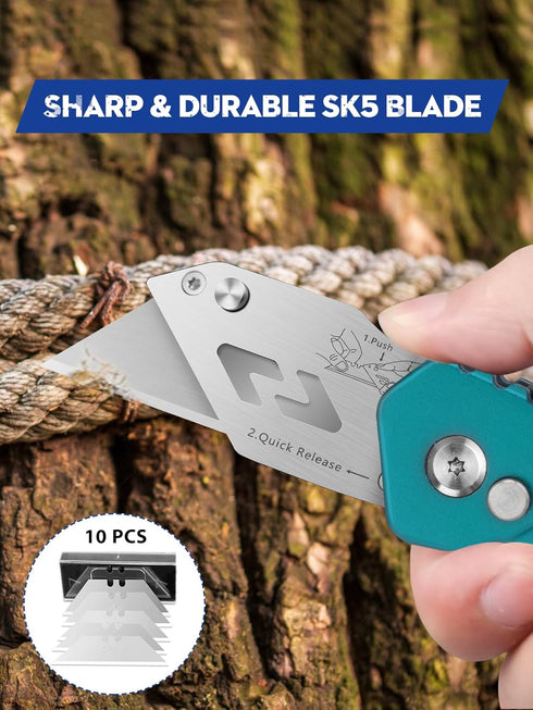 BIBURY Utility Knife, Heavy Duty Folding Box Cutter, Pocket Carpet Cutter Knife with 10 Extra SK5 Stainless Steel Blades, Easy Release Button, Bel...