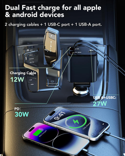 HATALKIN Retractable Car Charger 4 in 1, 69W Fast Car Phone Charger, 2 Retractable Cables and USB C Car Charger, Car Charger Adapter for iPhone 16...