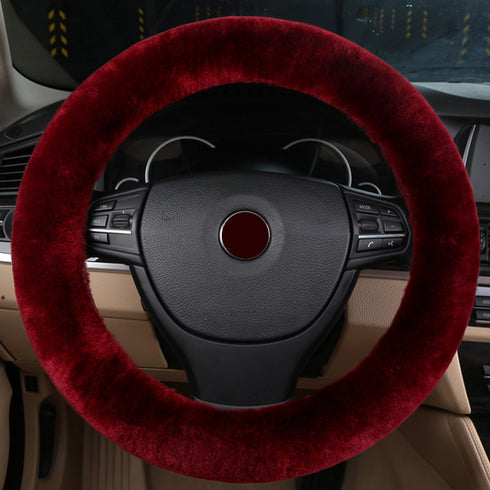 Fluffy Wool Car Steering Wheel Cover Genuine Sheepskin Steering Wheels Interior Accessories for Women Anti-Slip Universal for 15 inch (Wine red)...