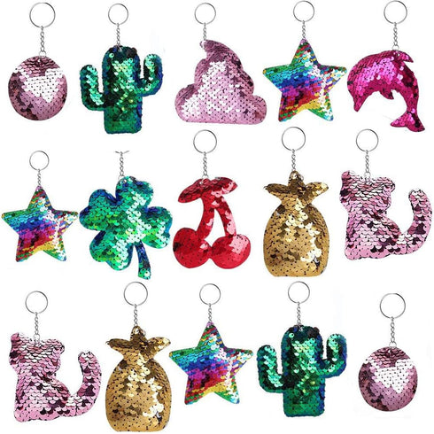 Outee Sequin Keychain 15 Pcs Flip Sequin Keychain for Mermaid Tail Clover Cat Animals Shape Christmas Gift Party Favors for Kids Adults Party Favo...
