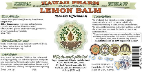Lemon Balm Alcohol-Free Liquid Extract, Lemon Balm (Melissa officinalis) Dried Leaf Glycerite Hawaii Pharm Natural Herbal Supplement 2 oz...