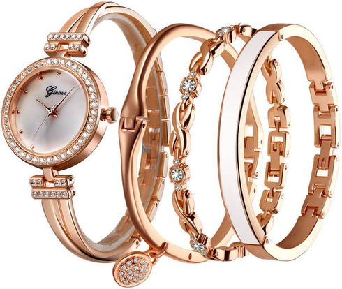 CdyBox Women Crystal Watch with 3 Bracelets Set Quartz Wrist Watches Bangle Jewelry 4pcs/Set for Ladies (Rose gold white)...