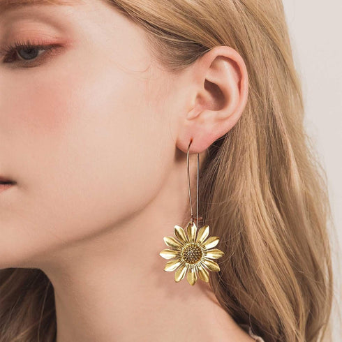 Boho Sunflower Dangle Earrings Sunflower Hoop Earrings Gold Floral Flower Earrings Vintage 3D Flower Drop Earrings Jewelry for Women and Girls...