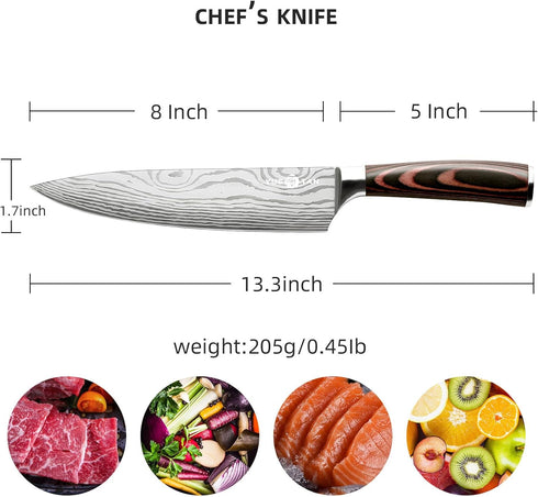 Japanese Chef Knife, Professional 8 Inch Kitchen Knife, Japanese High Carbon Stainless Steel Super Sharp Cooking Knives and Ergonomic Solid Wood H...