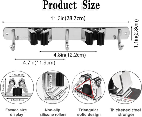 2 Racks and 3 Hooks Broom and Mop Holder Wall Mounted Garage Organizer Storage Tool Racks Stainless Steel Heavy Duty Hooks Self Adhesive Solid Non...