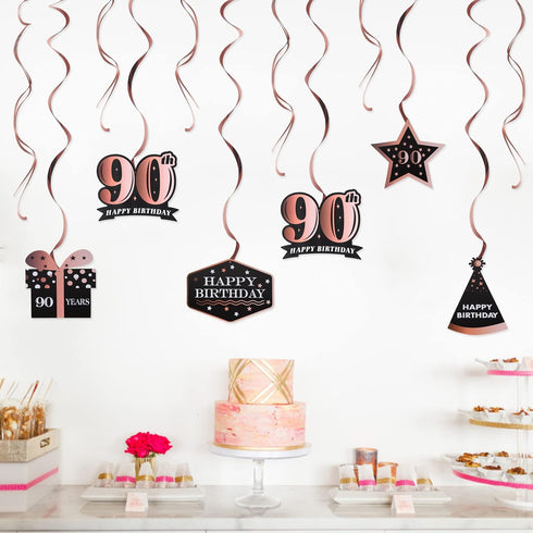 LINGTEER Happy 90th Birthday Decorations - 12 Pcs Birthday Black & Rose Gold Foil Swirls Streamer Set,Cheers to Ninety Years Old Bday Party Gift D...